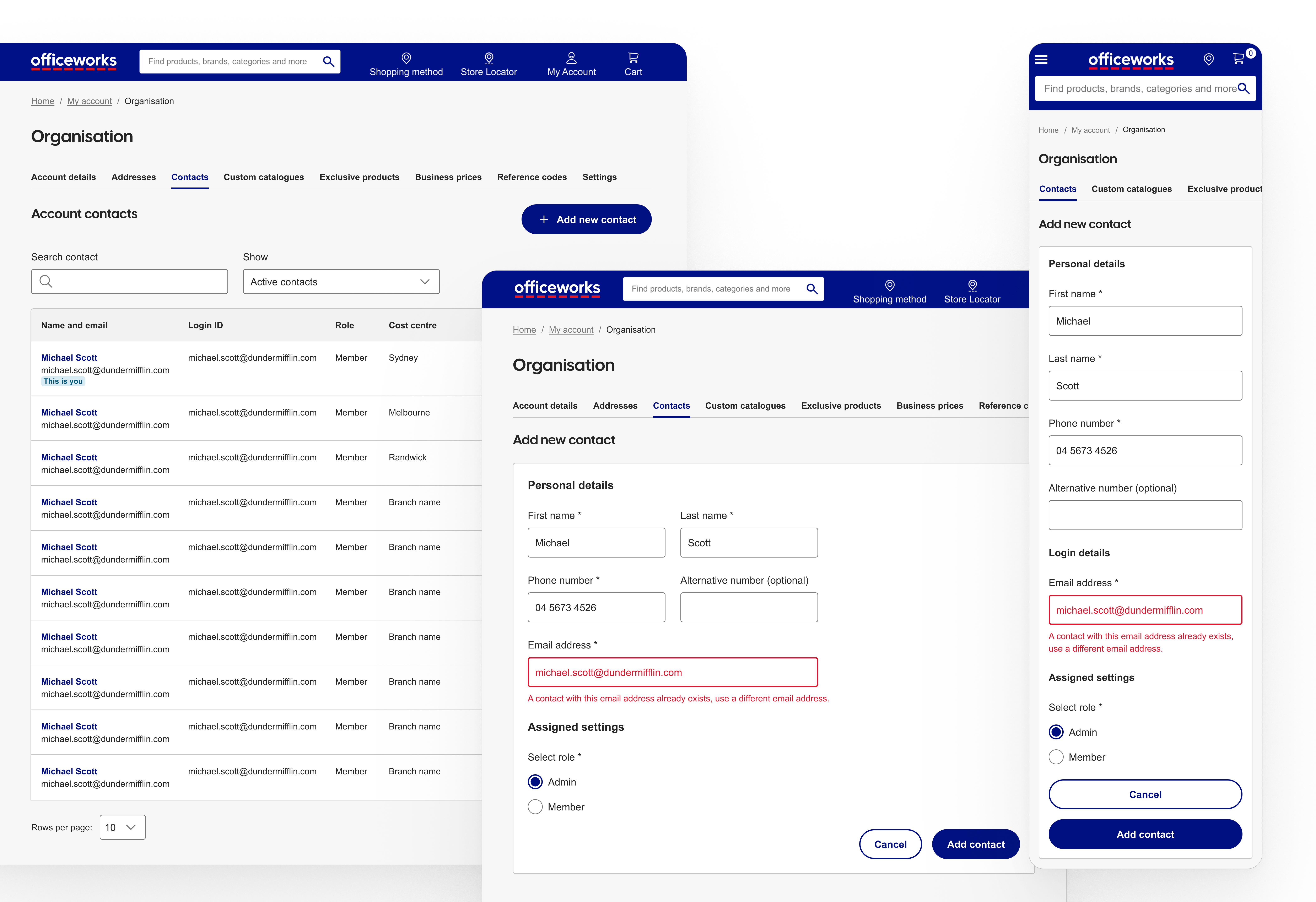 Officeworks B2B — account contacts management screen