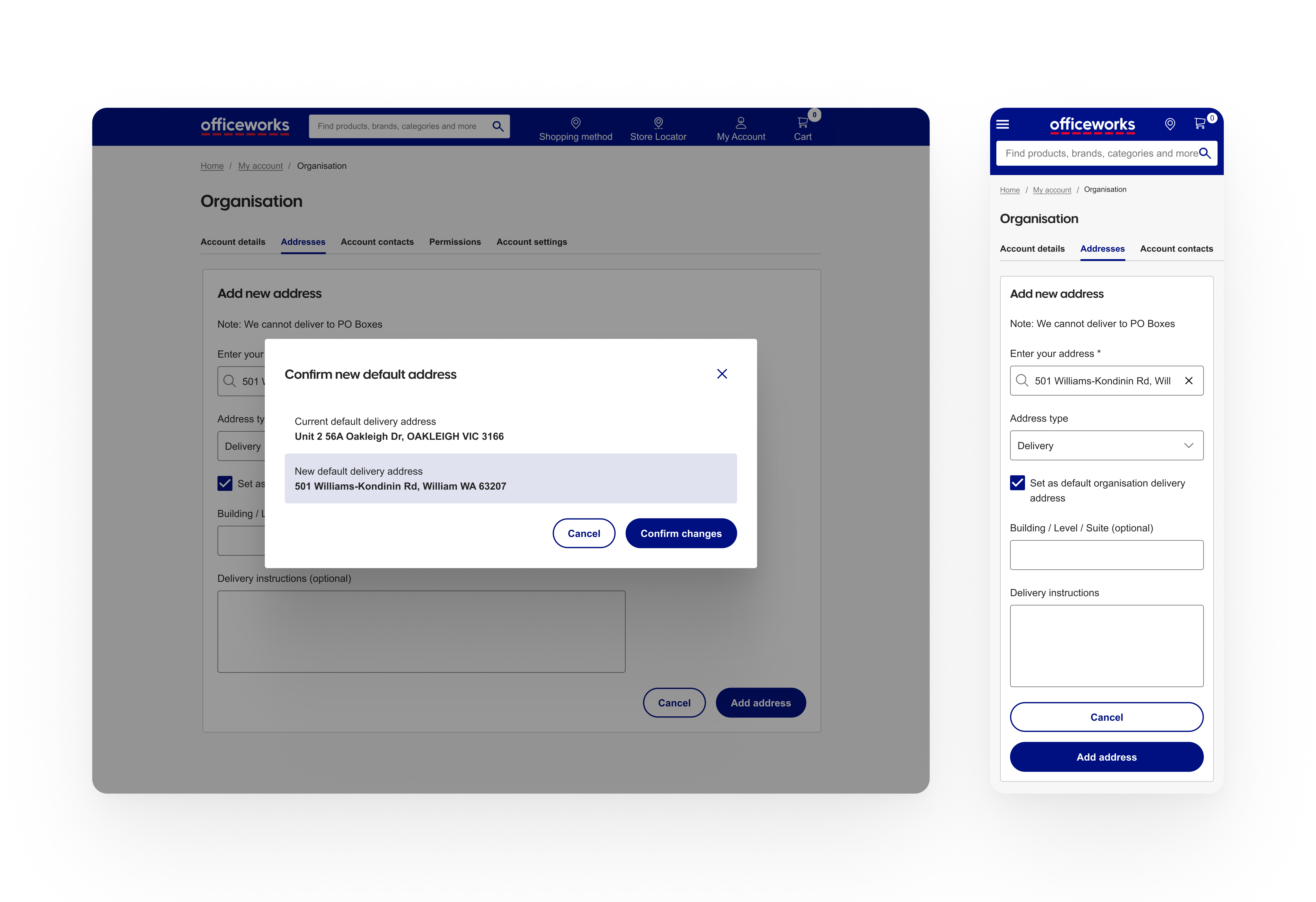 Officeworks B2B — organisation address management screen