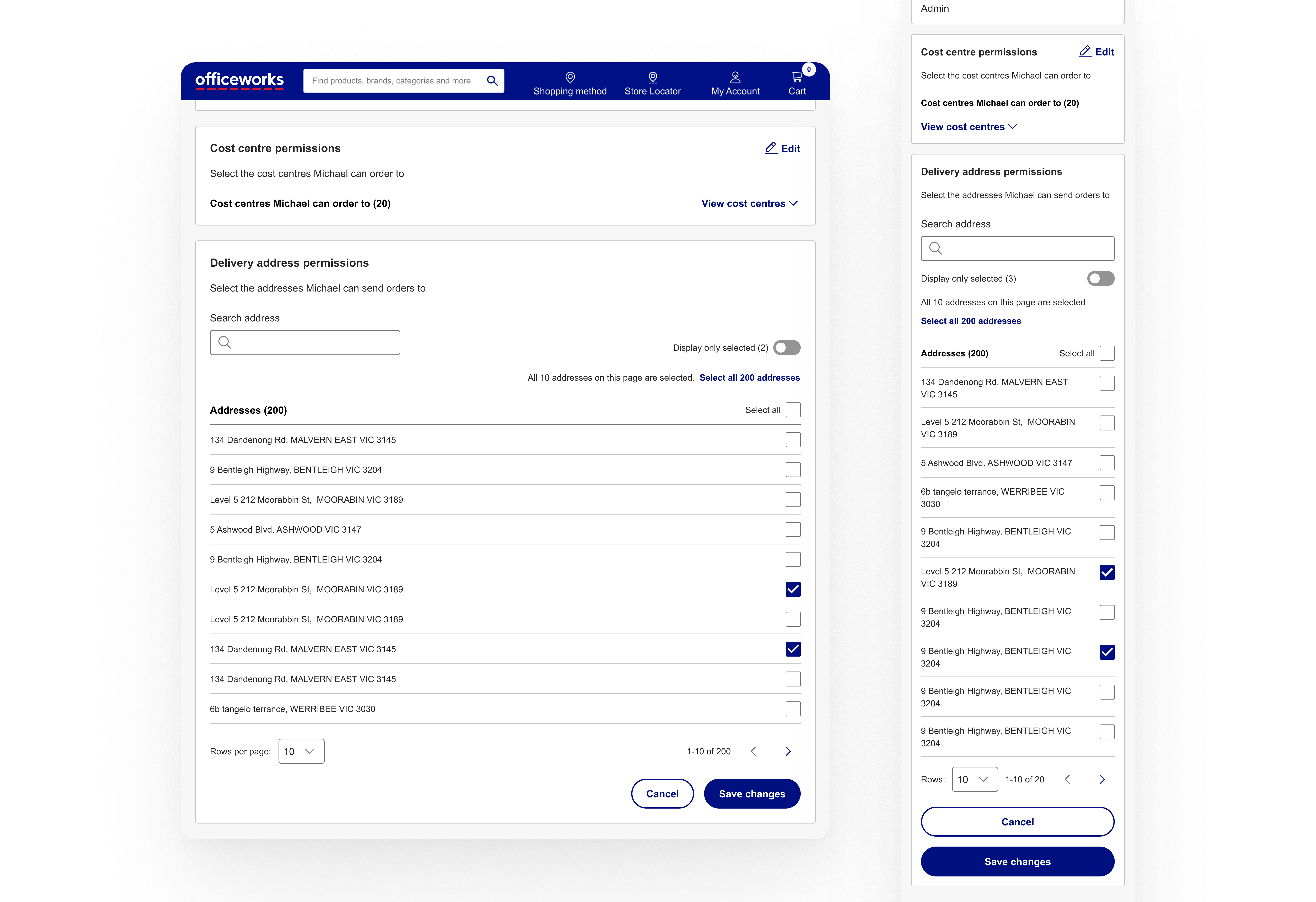 Officeworks B2B — cost centre permissions and delivery address management