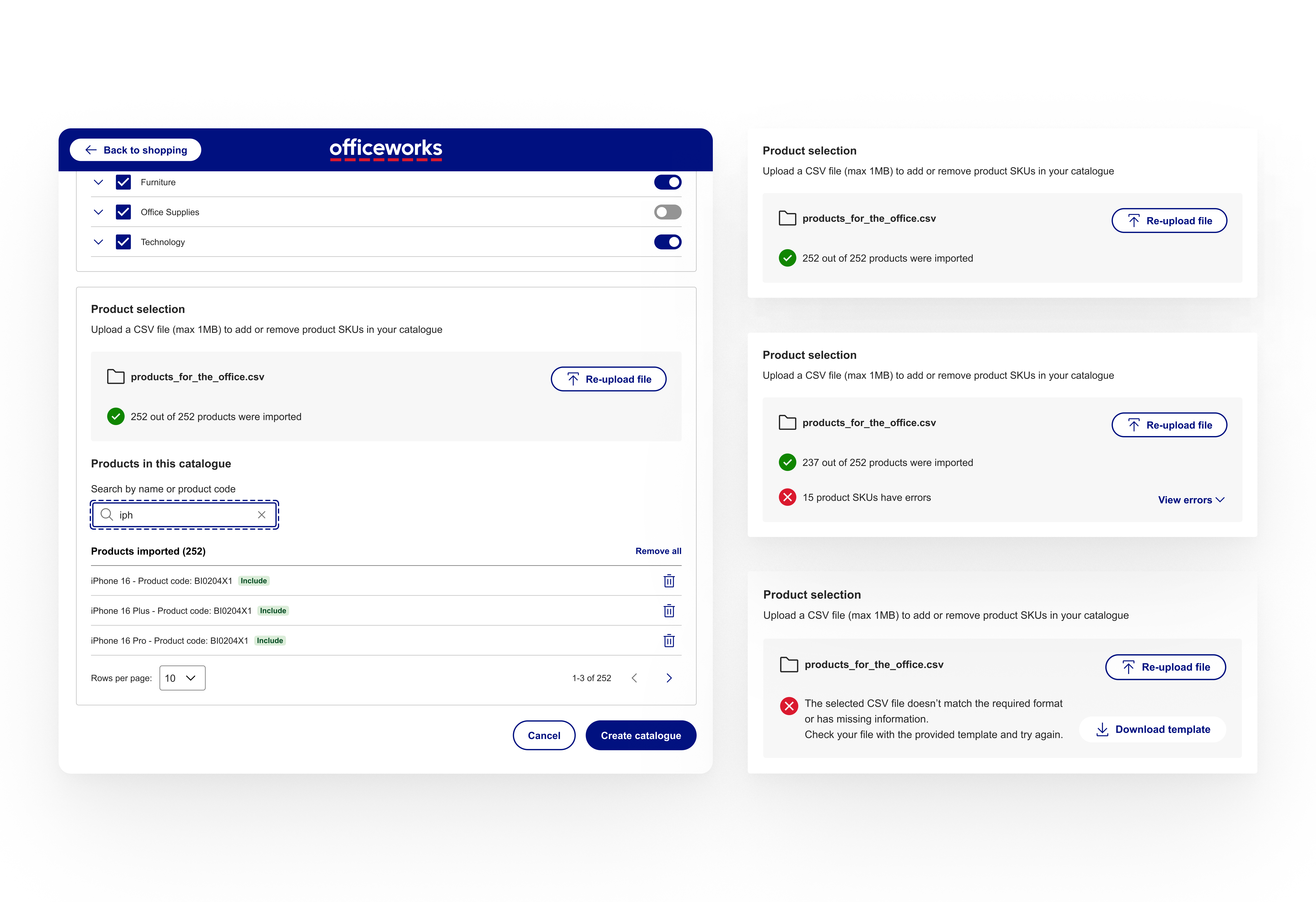 Officeworks B2B — custom catalogues product selection and CSV import
