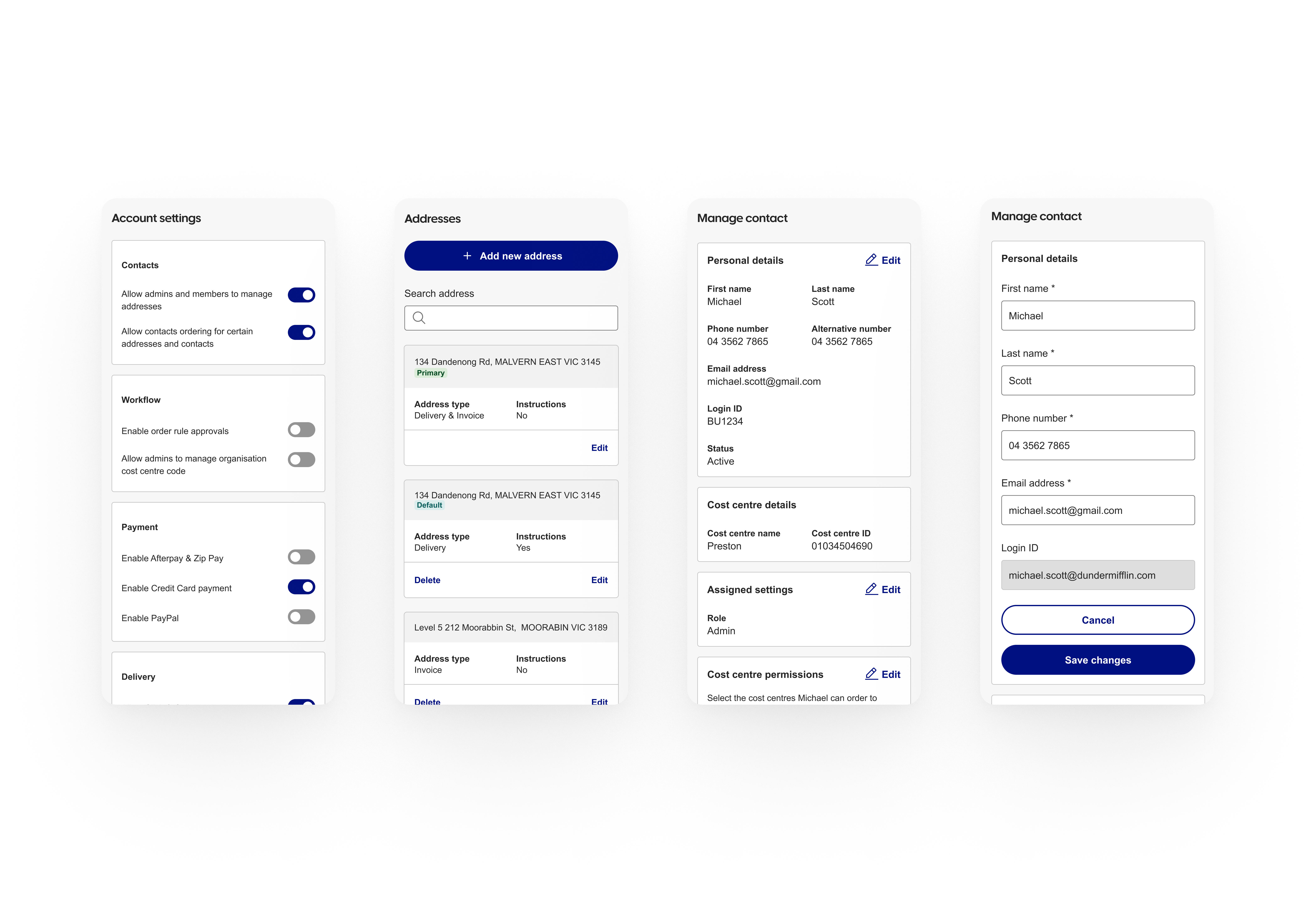 Officeworks B2B — mobile account settings, addresses and contact management