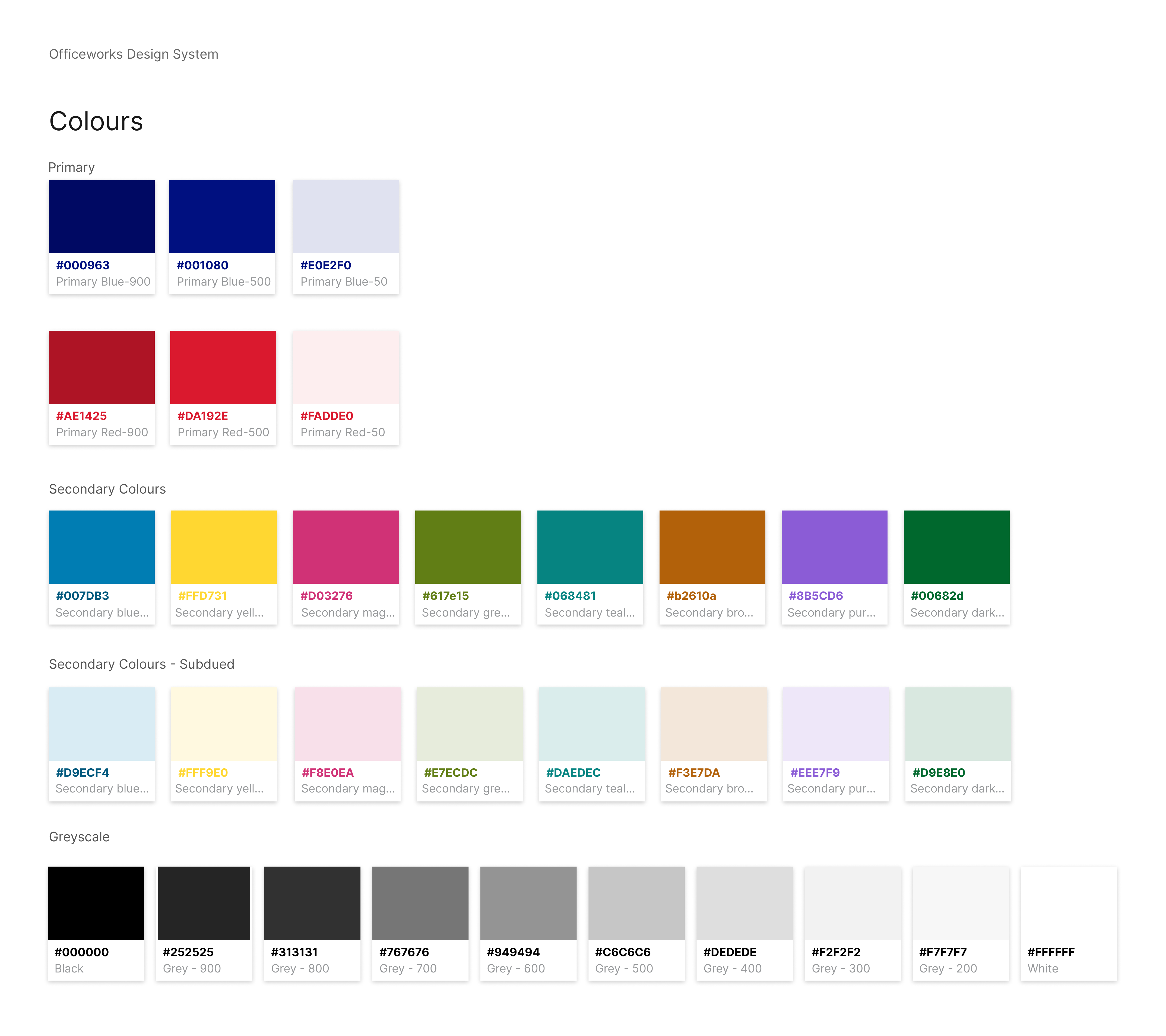 Officeworks B2B design system colour palette