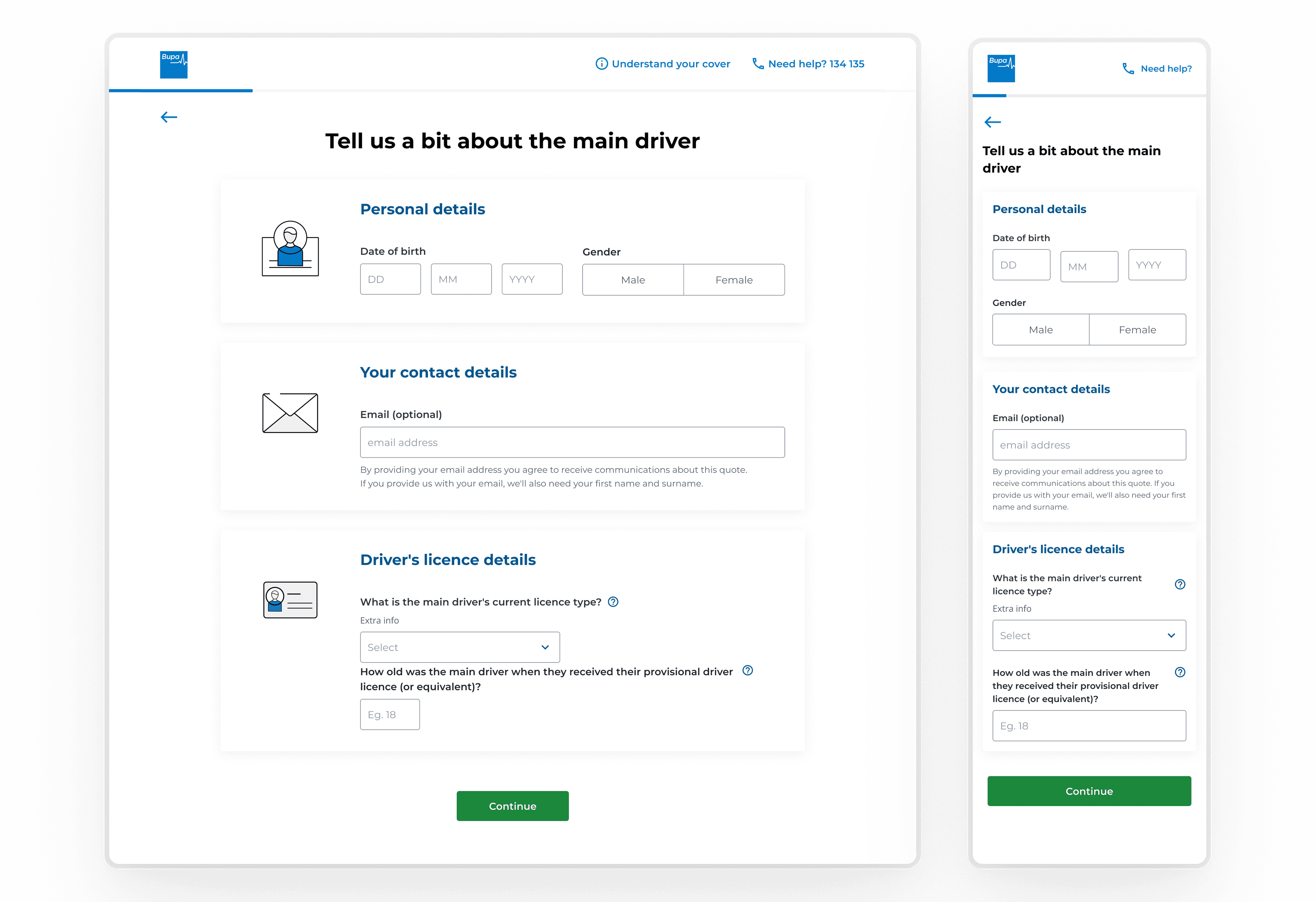 Open Insurance — Bupa car insurance quote flow, personal details step