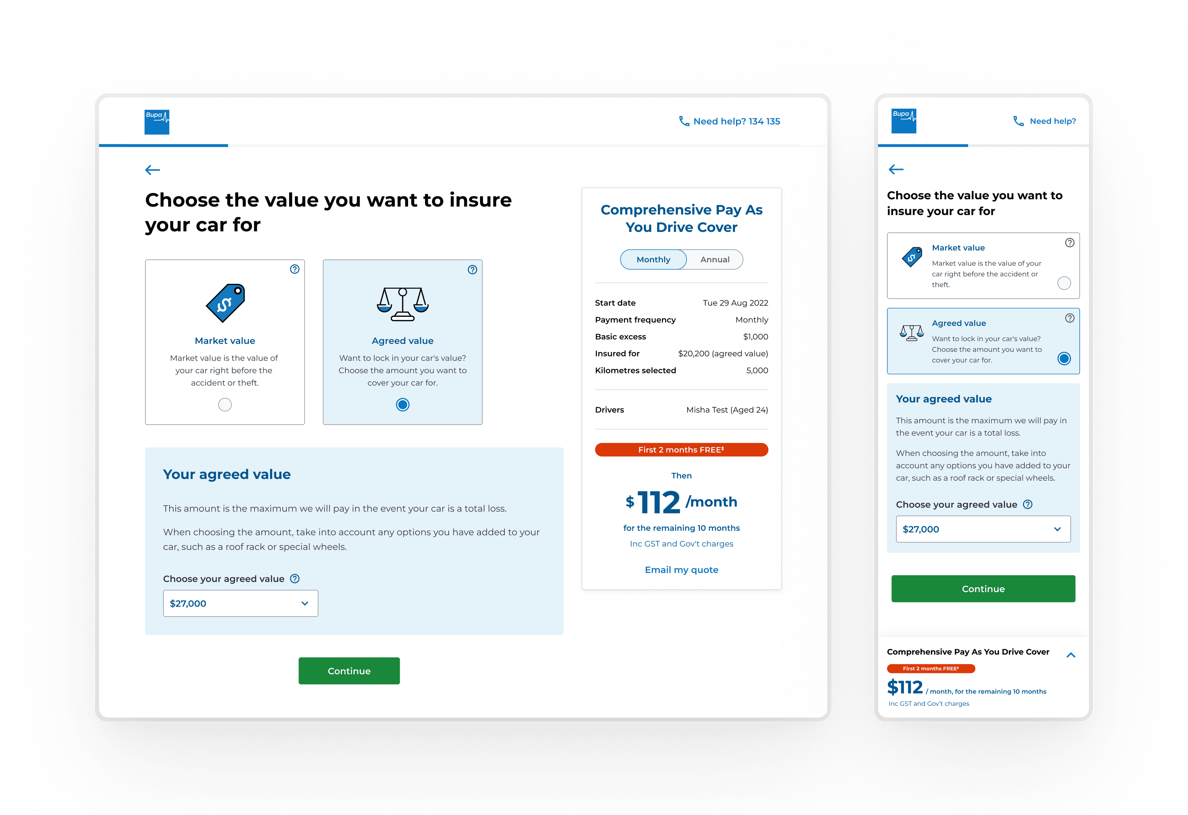 Open Insurance — Bupa car insurance quote flow, cover selection step