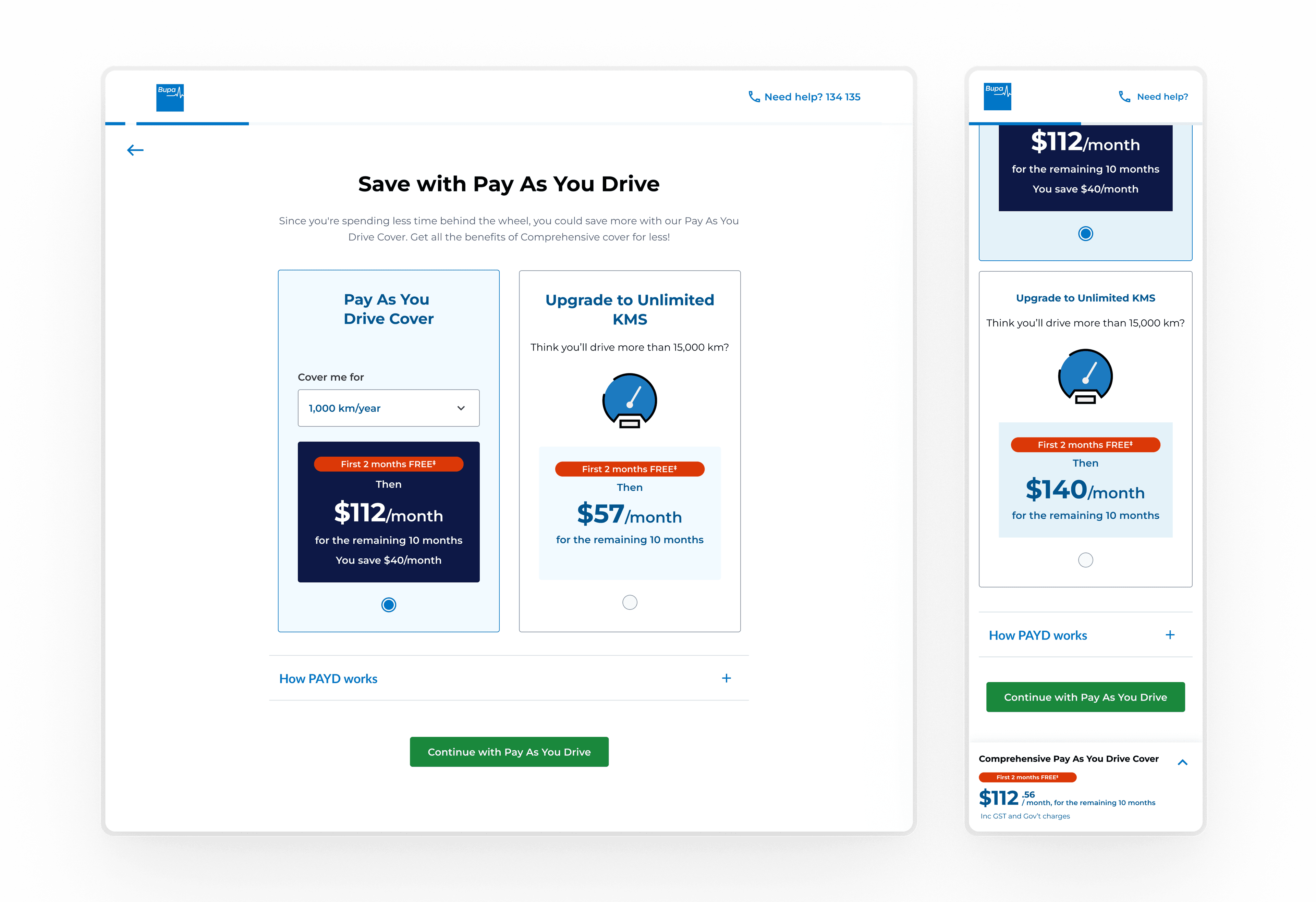 Open Insurance — Bupa car insurance quote flow, excess and extras step
