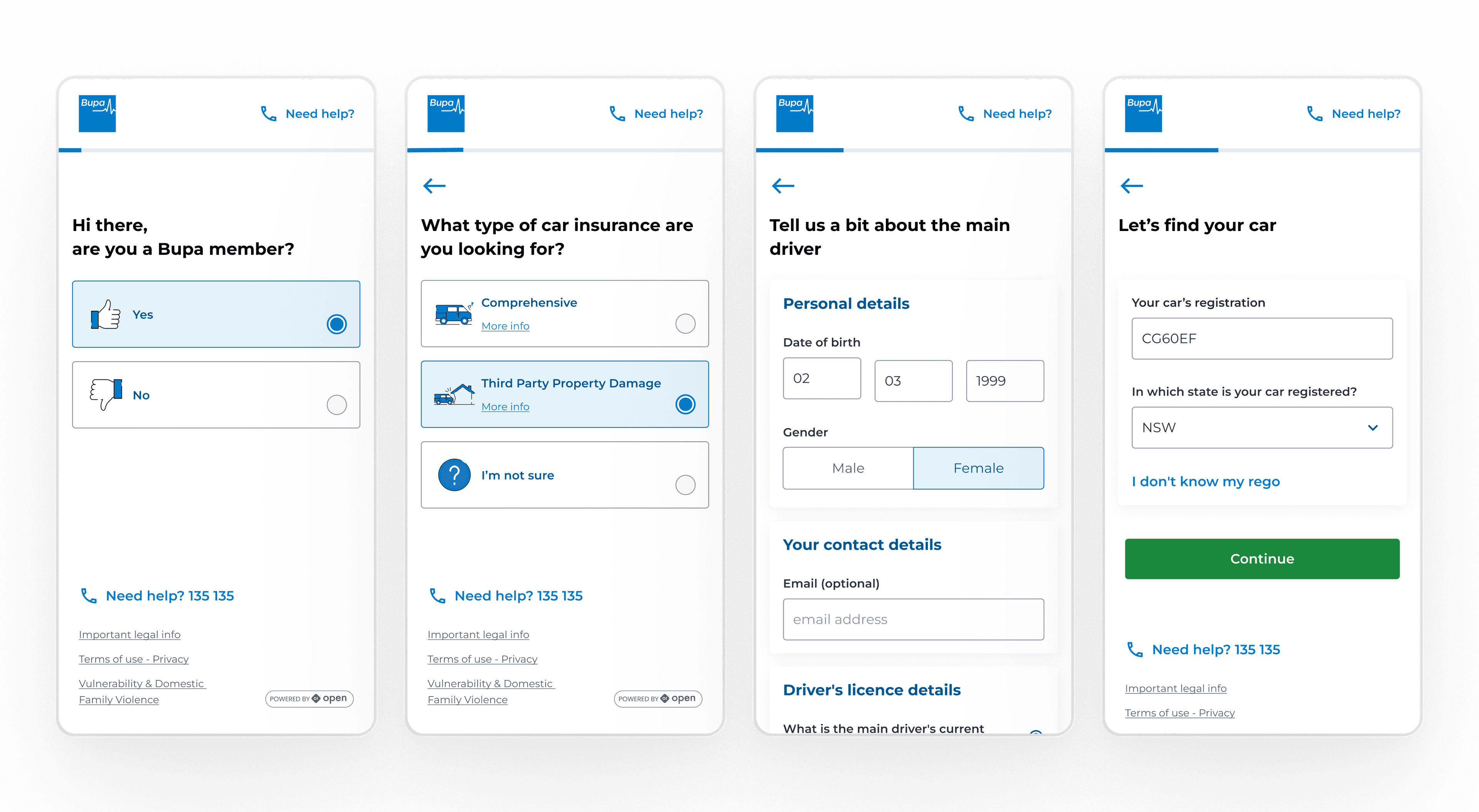 Open Insurance — Bupa car insurance quote flow, payment step