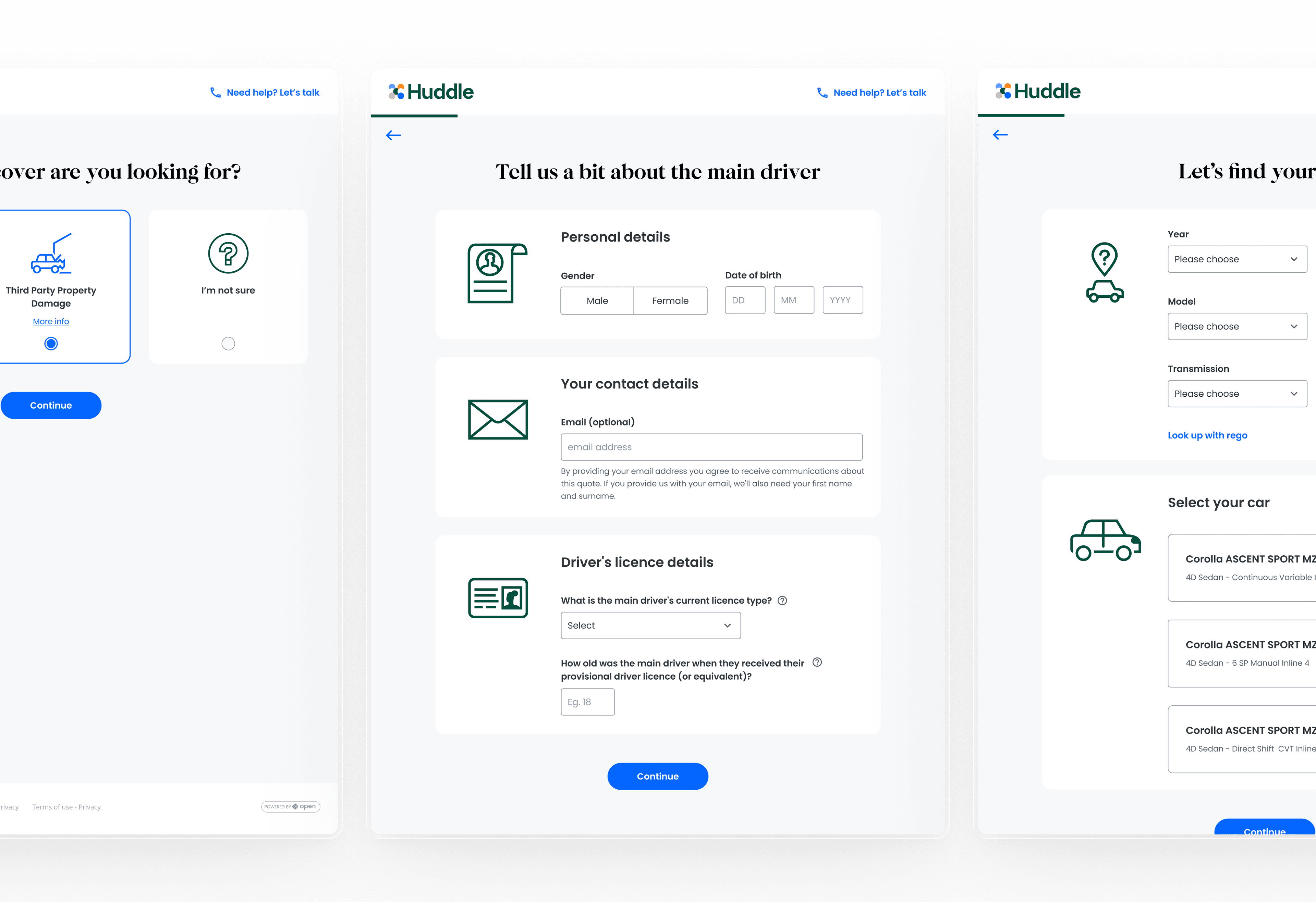Open Insurance — Huddle car insurance — quote start and vehicle details screens
