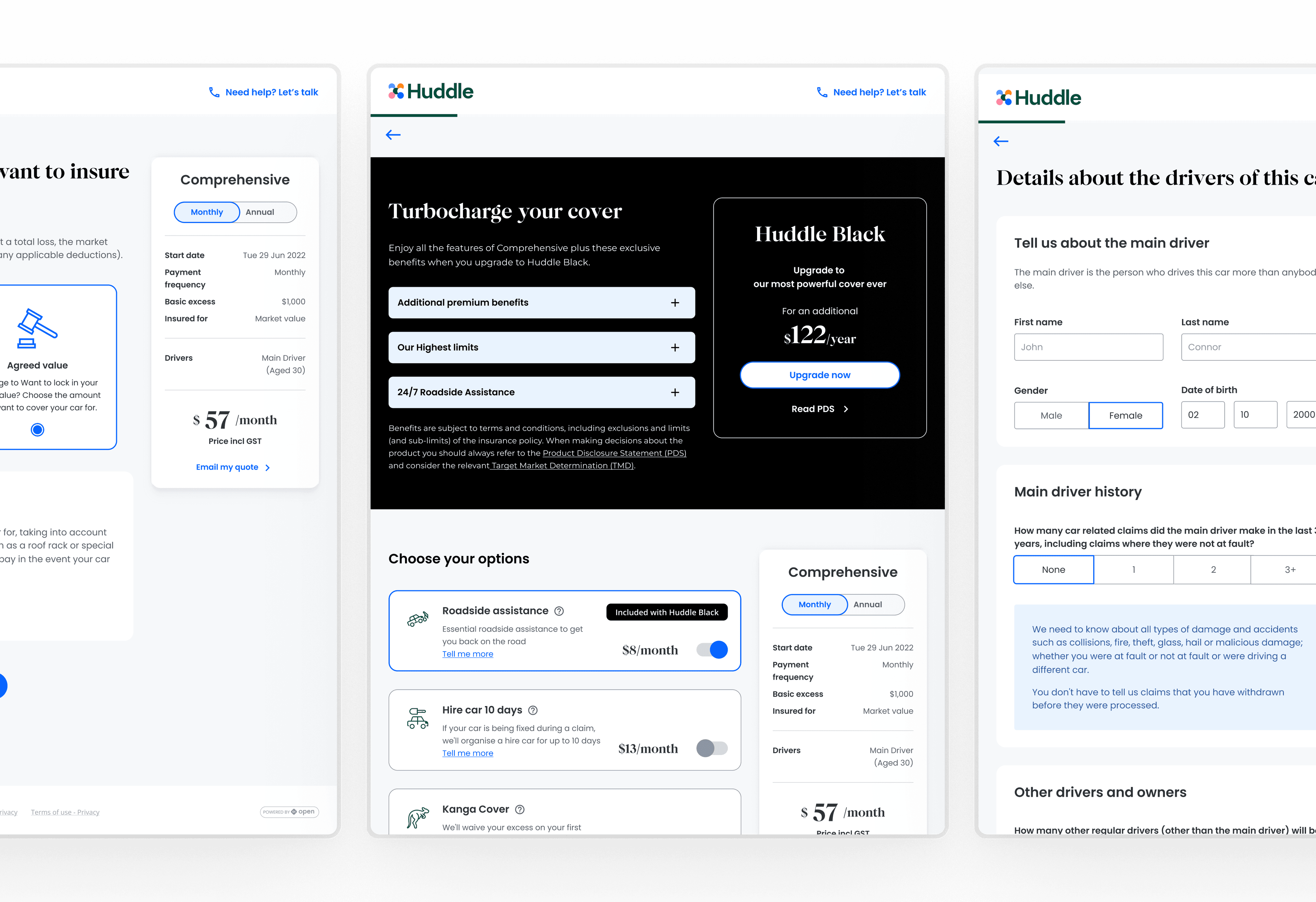 Open Insurance — Huddle car insurance — cover selection and excess screens
