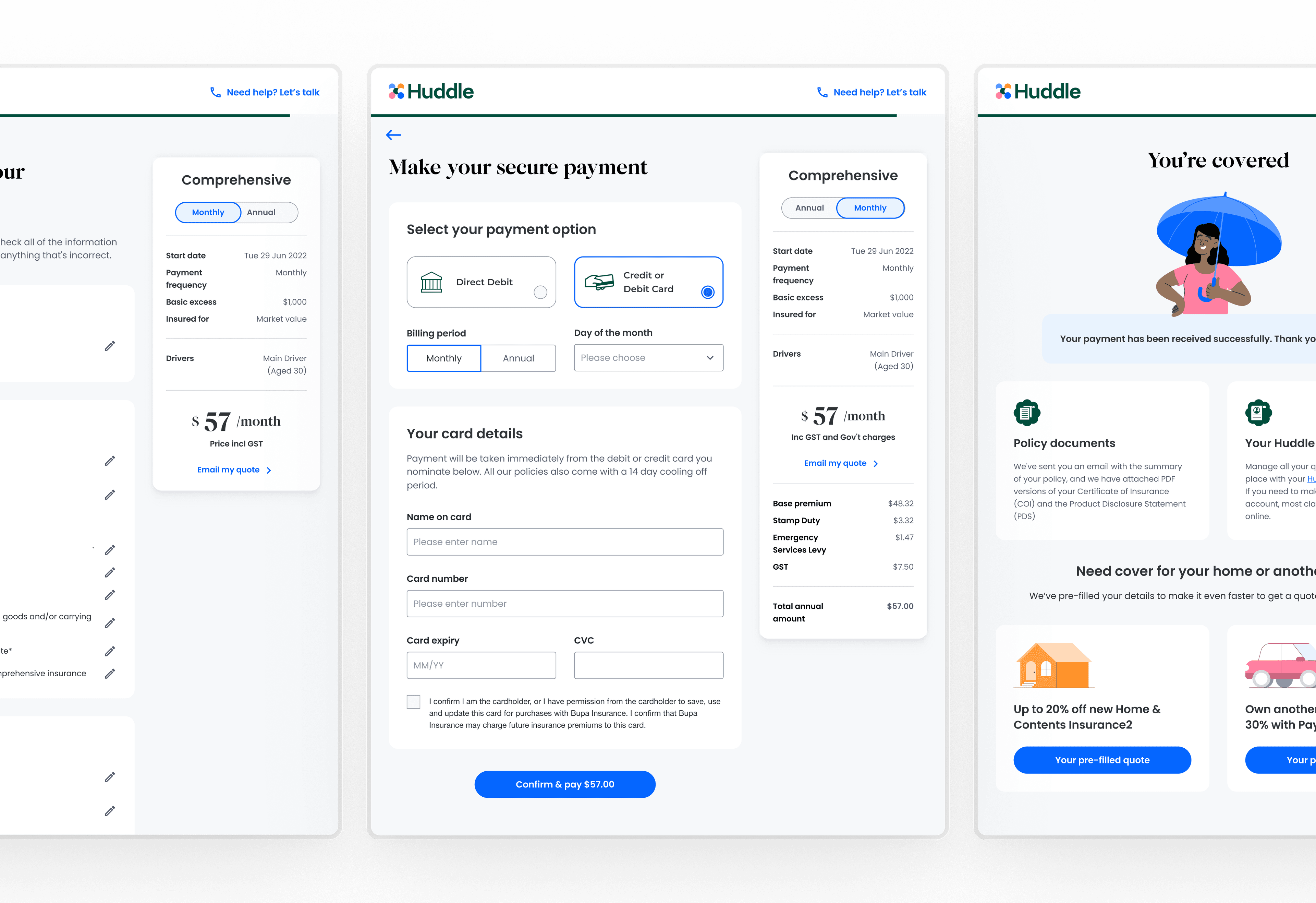 Open Insurance — Huddle car insurance — policy summary and confirmation screens