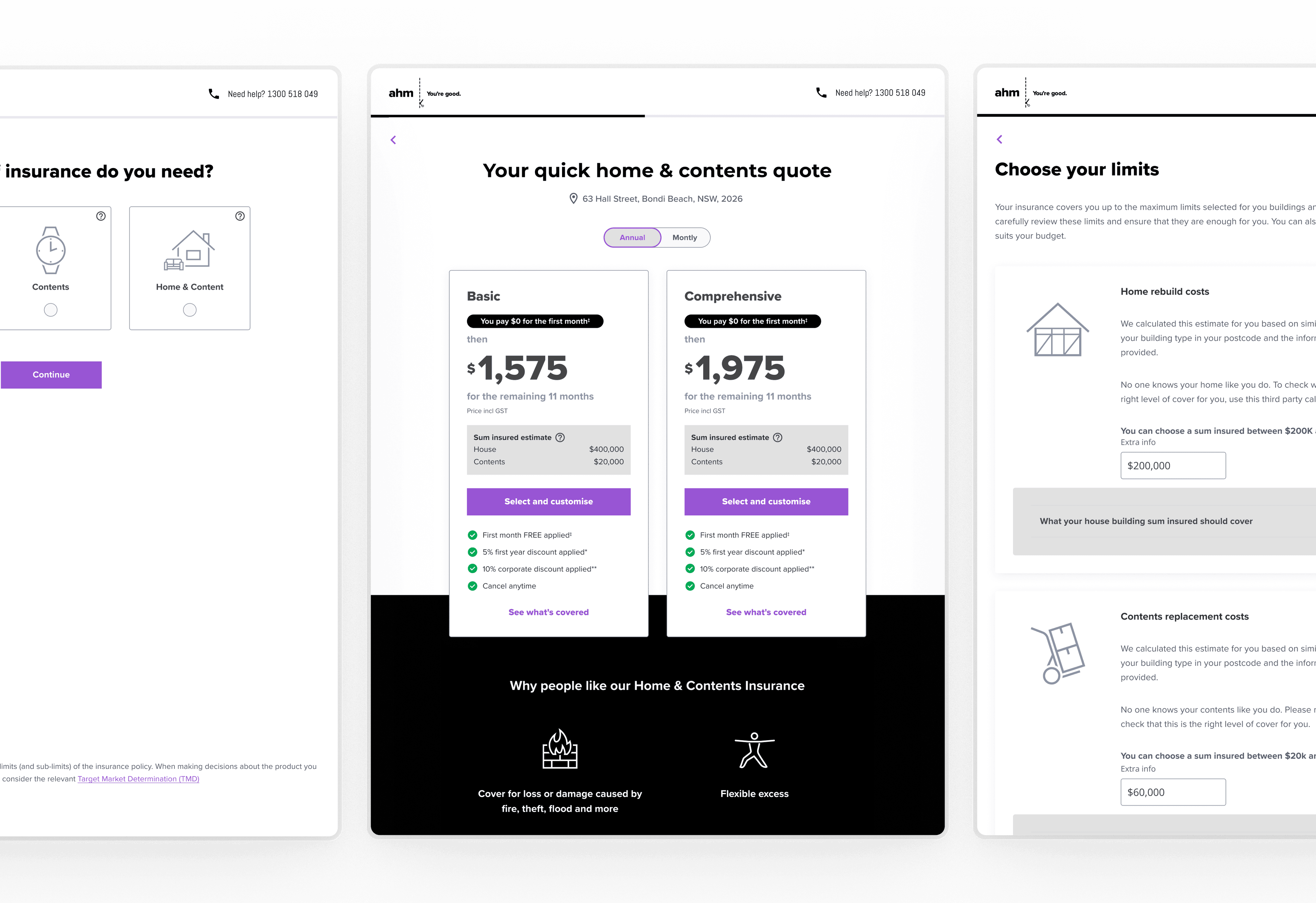 Open Insurance — AHM home and contents insurance quote screens
