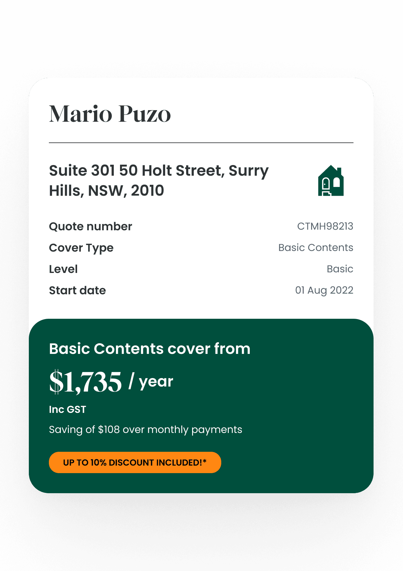 Open Insurance — quote summary card for Mario Puzo