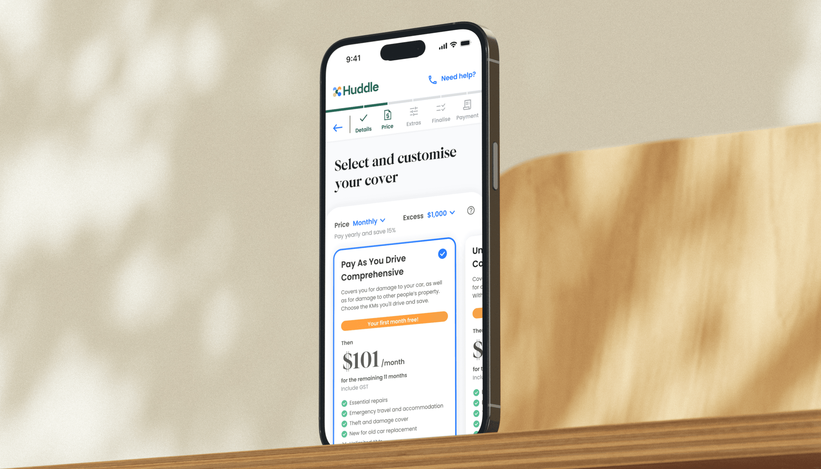 Open Insurance — Huddle app on mobile, select and customise your cover