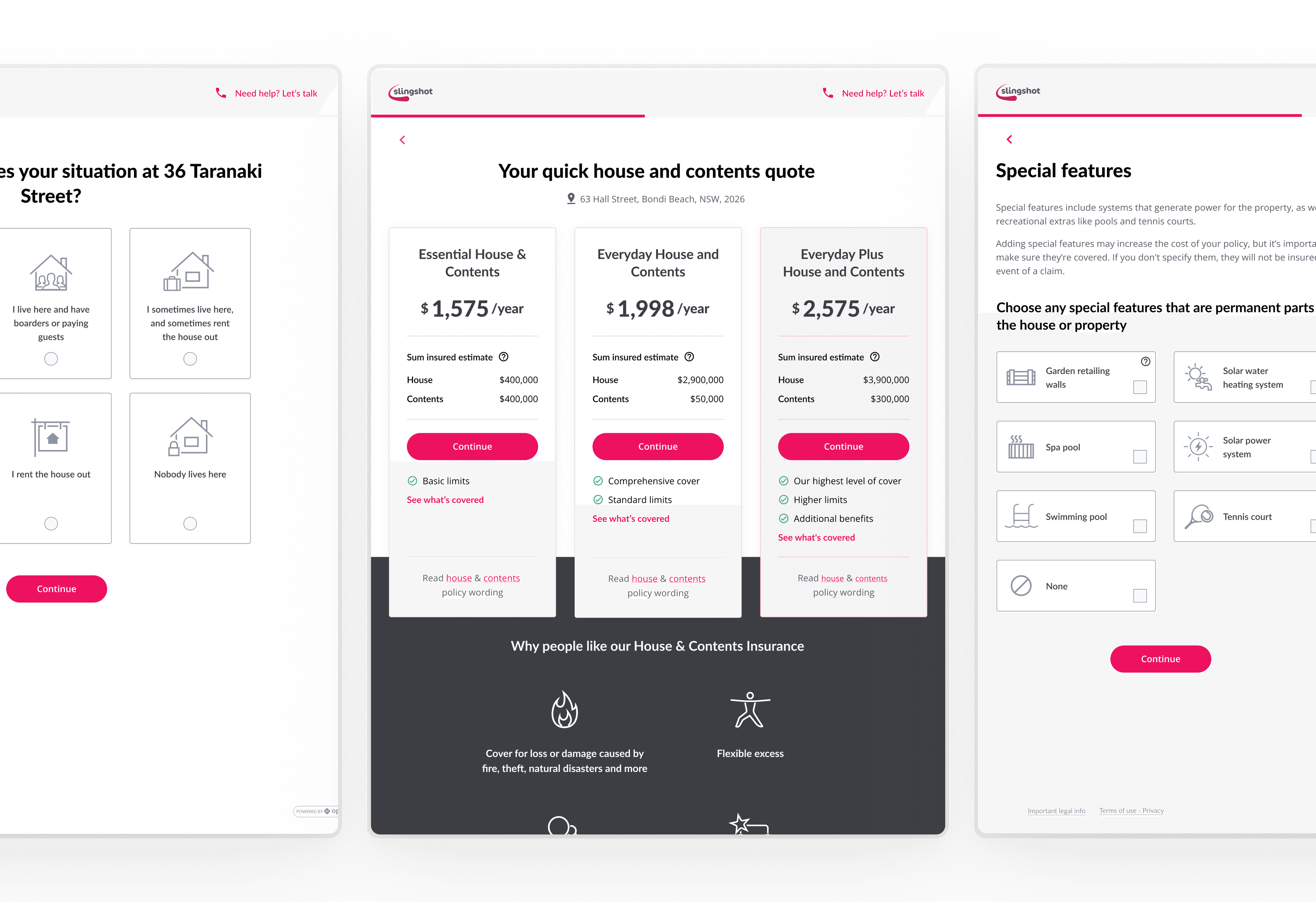 Open Insurance — Slingshot home insurance quote screens