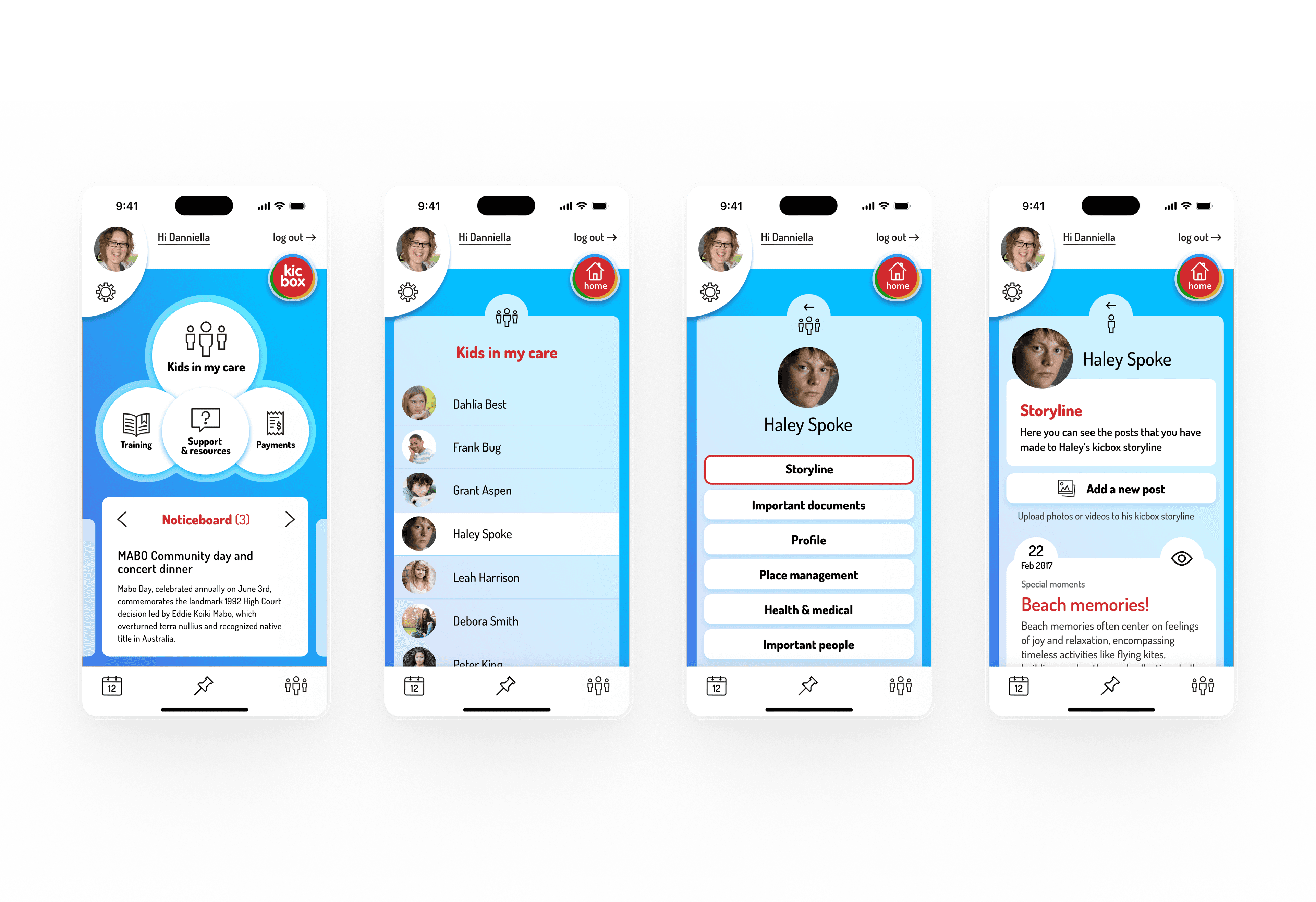 kicbox — carers app screens
